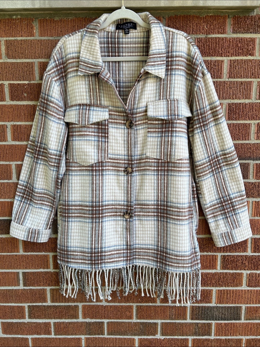 Laundry By Shelli Segal Ivory and Brown Plaid Fringe shacket